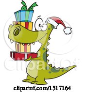 Poster, Art Print Of Cartoon Dinosaur Wearing A Santa Hat And Carrying Christmas Gifts
