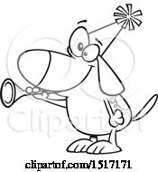 Clipart Of A Cartoon Lineart New Years Dog Blowing A Horn Royalty Free Vector Illustration