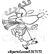 Poster, Art Print Of Cartoon Black And White Rudolph Reindeer Carrying A Christmas Present