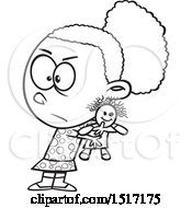 Clipart Of A Cartoon Lineart Selfish Girl Refusing To Share A Doll Royalty Free Vector Illustration