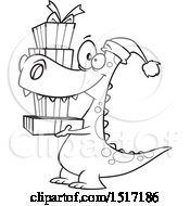 Poster, Art Print Of Cartoon Black And White Dinosaur Wearing A Santa Hat And Carrying Christmas Gifts