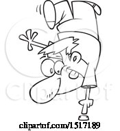 Clipart Of A Cartoon Lineart Guy Doing A Trick To Push A Button Royalty Free Vector Illustration