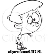 Poster, Art Print Of Cartoon Black And White Boy Sick With The Flu A Thermometer In His Mouth