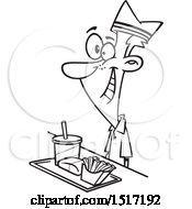 Clipart Of A Cartoon Lineart Fast Food Worker Guy With A Tray Of Food At A Counter Royalty Free Vector Illustration