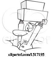 Poster, Art Print Of Cartoon Black And White Dedicated Delivery Guy Holding Up Boxes In The Snow