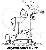 Clipart Of A Cartoon Lineart Hung Over Guy After A New Years Party Royalty Free Vector Illustration by toonaday