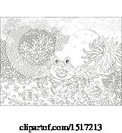Clipart Of A Black And White Happy Crab At A Coral Reef Royalty Free Vector Illustration