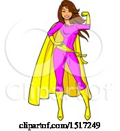 Clipart Of A Strong Brunette White Female Super Hero Flexing Her Bicep Royalty Free Vector Illustration