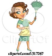 Green Eyed Brunette Maid Holding Up A Feather Duster