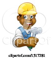 Clipart Of A Happy Black Male Carpenter Holding A Hammer Around A Sign Royalty Free Vector Illustration