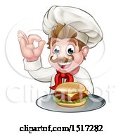 Poster, Art Print Of Cartoon Happy White Male Chef Gesturing Ok And Holding A Cheeseburger On A Tray