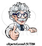 Clipart Of A Cartoon Senior Male Scientist Giving A Thumb Up Over A Sign Royalty Free Vector Illustration