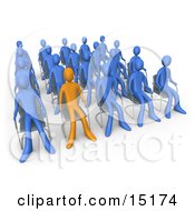 Orange Person Standing Out In A Crowd Of Blue People Seated In Chairs During A Staff Meeting
