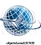 Clipart Of A Blue Globe With A Plane And Flight Path Royalty Free Vector Illustration