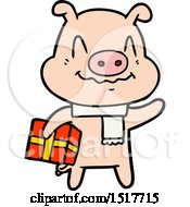 Nervous Cartoon Pig With Present