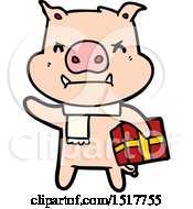 Angry Cartoon Pig With Christmas Gift