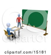 Blue Teacher Standing In Front Of A Blank Chalkboard And Using A Pointer Stick While Teaching A Single Student