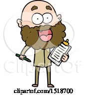 Cartoon Crazy Happy Man With Beard And Clip Board For Notes