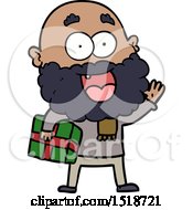 Cartoon Crazy Happy Man With Beard And Gift Under Arm