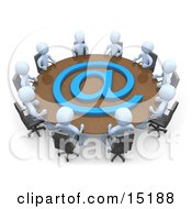 Group Of Light Blue People Holding A Meeting About Communications At A Large Conference Table With A Blue At Symbol In An Office Clipart Illustration Image