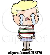 Cartoon Man Crying Over Stack Of Books