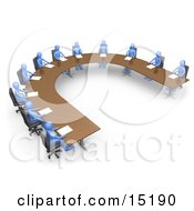 Group Of Blue People Seated And Holding A Meeting At A Large U Shaped Conference Table Clipart Illustration Image