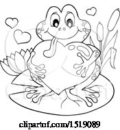 Clipart Of A Black And White Valentine Frog Hugging A Heart On A Lily Pad Royalty Free Vector Illustration by visekart