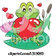 Valentine Frog Hugging A Heart On A Lily Pad