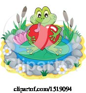 Clipart Of A Valentine Frog Hugging A Heart On A Lily Pad Royalty Free Vector Illustration