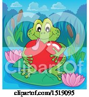 Poster, Art Print Of Valentine Frog Hugging A Heart On A Lily Pad