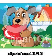 Clipart Of A Dog Holding A Valentine Heart In A Yard Royalty Free Vector Illustration