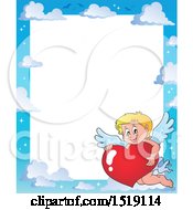 Poster, Art Print Of Sky Border With A Happy Cupid Hugging A Valentine Heart