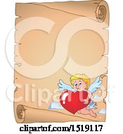 Clipart Of A Parchment Scroll Border With A Happy Cupid Hugging A Valentine Heart Royalty Free Vector Illustration by visekart