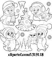 Clipart Of Black And White Christmas Penguins Royalty Free Vector Illustration