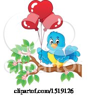 Poster, Art Print Of Blue Bird Holding Valentine Heart Balloons