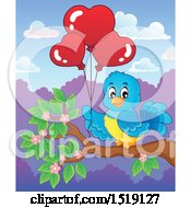 Clipart Of A Blue Bird Holding Valentine Heart Balloons Royalty Free Vector Illustration