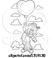 Poster, Art Print Of Black And White Clown Floating With A Valentine Heart Balloon