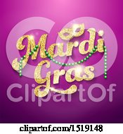 Poster, Art Print Of Golden Glitter Mardi Gras Design With Green Beads And A Mask On Purple