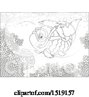 Clipart Of A Black And White Snorkeling Fish At A Reef Royalty Free Vector Illustration