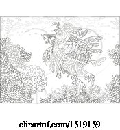 Clipart Of A Black And White Leafy Seadragon At A Coral Reef Royalty Free Vector Illustration