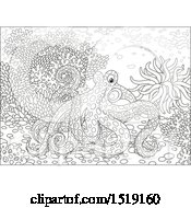 Clipart Of A Black And White Octopus At A Reef Royalty Free Vector Illustration