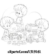 Clipart Of A Black And White Group Of Boys Playing With Toy Trucks Royalty Free Vector Illustration