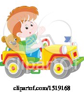 Clipart Of A Caucasian Boy Playing In A Toy Jeep Royalty Free Vector Illustration