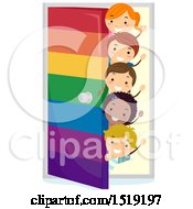 Poster, Art Print Of Group Of Children Waving Beind A Rainbow Door