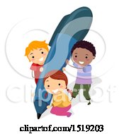 Clipart Of A Group Of School Children With A Giant Pen Royalty Free Vector Illustration