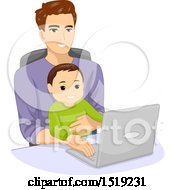 Clipart Of A Father And His Son Using A Laptop Royalty Free Vector Illustration