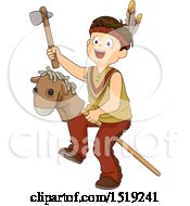 Poster, Art Print Of Boy Dressed As A Native American And Playing With A Stick Pony