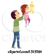 Clipart Of A Father Holding Up His Daughter With A Jigsaw Puzzle Piece Royalty Free Vector Illustration