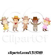 Poster, Art Print Of Group Of Children Wearing Cowboy Hats Holding Hands And Jumping