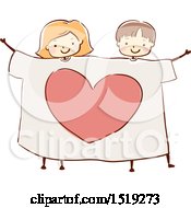 Clipart Of A Sketched Boy And Girl Sharing A Giant Heart Shirt Royalty Free Vector Illustration